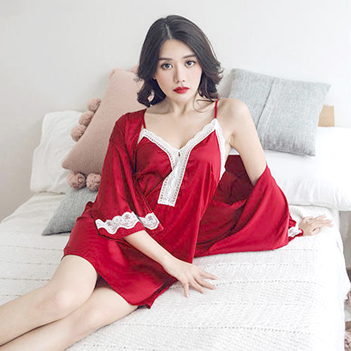 Váy ngủ lụa hai dây sexy kèm áo choàng lụa cao cấp Q138 - Set ngủ lụa áo choàng kèm váy ngủ gợi cảm - Đồ ngủ sexy