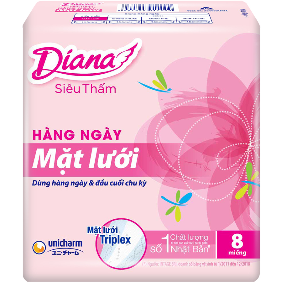 Combo 6 Băng Vệ Sinh Hàng Ngày Diana Daily Hương Hoa Mặt Lưới (Gói 8 Miếng)