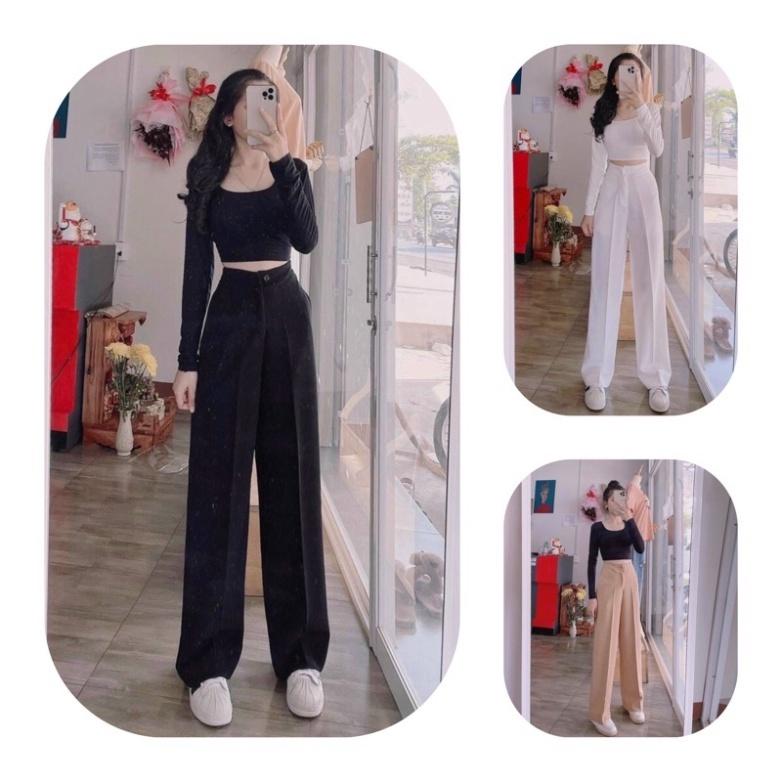 Quần Ống Rộng Suông lưng cao khóa trước 1 khuy chất tuyết mưa khuy giữa quần culottes ống xuông cạp cao cho nữ