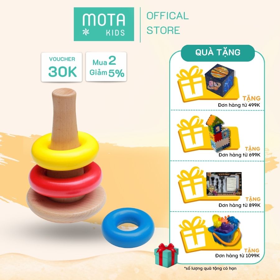 Đồ chơi thả vòng tròn vào trụ gỗ đứng cho bé từ 9-12 tháng Montessori Mota phát triển trí tuệ - Hàng chính hãng