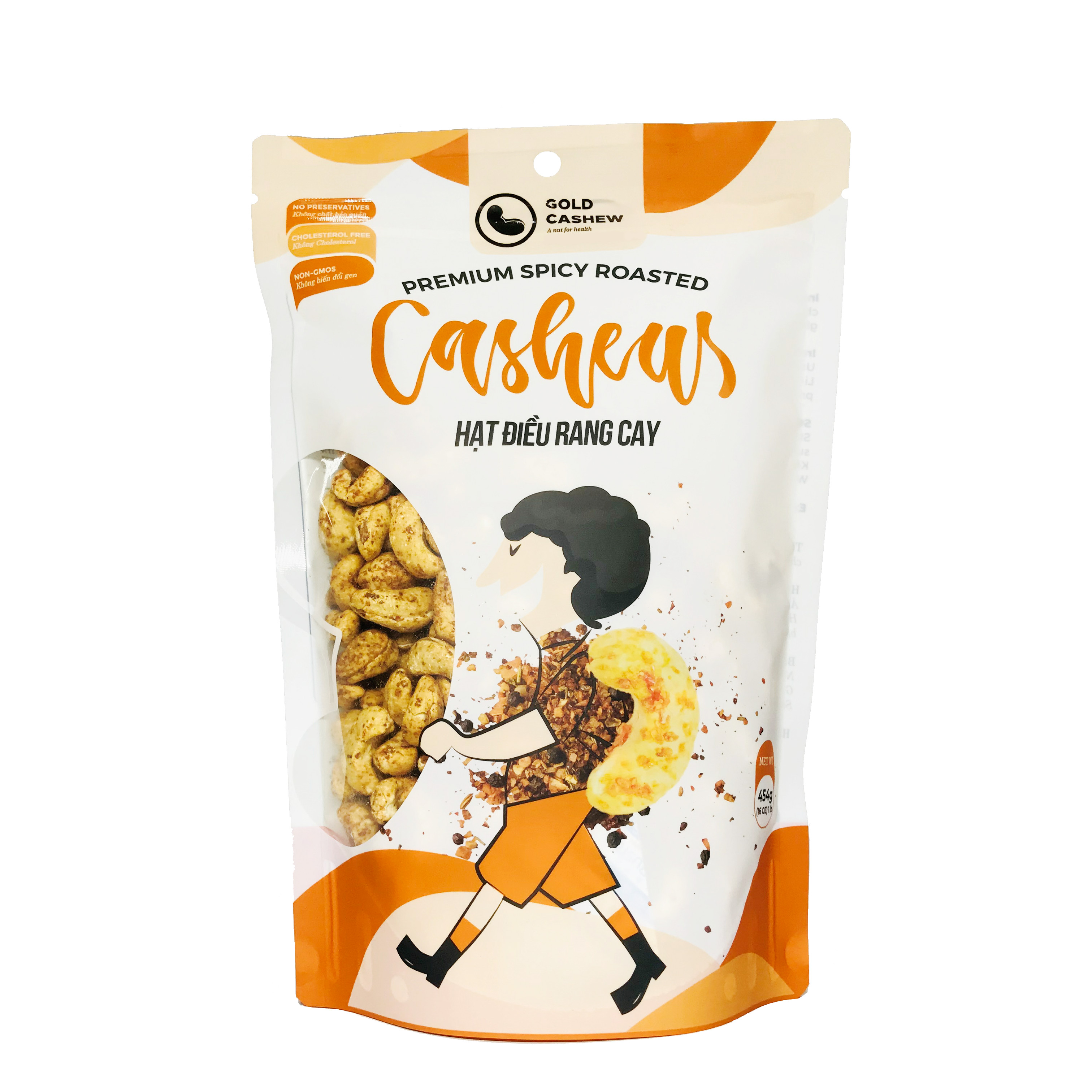 Hạt Điều Rang Cay Cao Cấp Gold Cashew - Premium Spicy Roasted Cashew, Chuẩn hạt điều size WW240, Công nghệ rang không dầu và muối tinh thể, Không chất bảo quản, Không Cholesterol