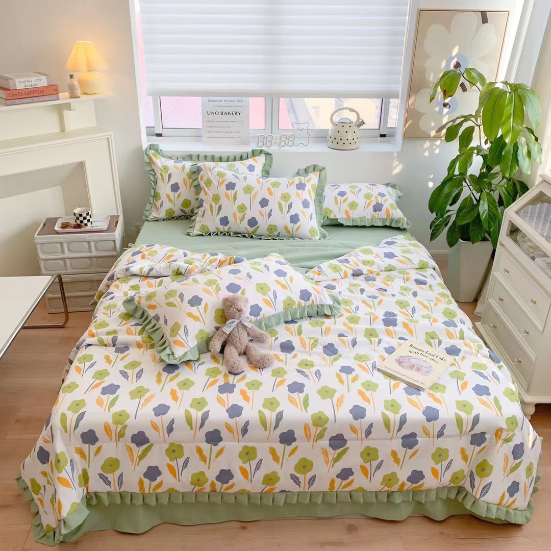 Trọn bộ chăn ga cotton đũi bèo màu xanh  dể thương, dịu mát cho mùa hè