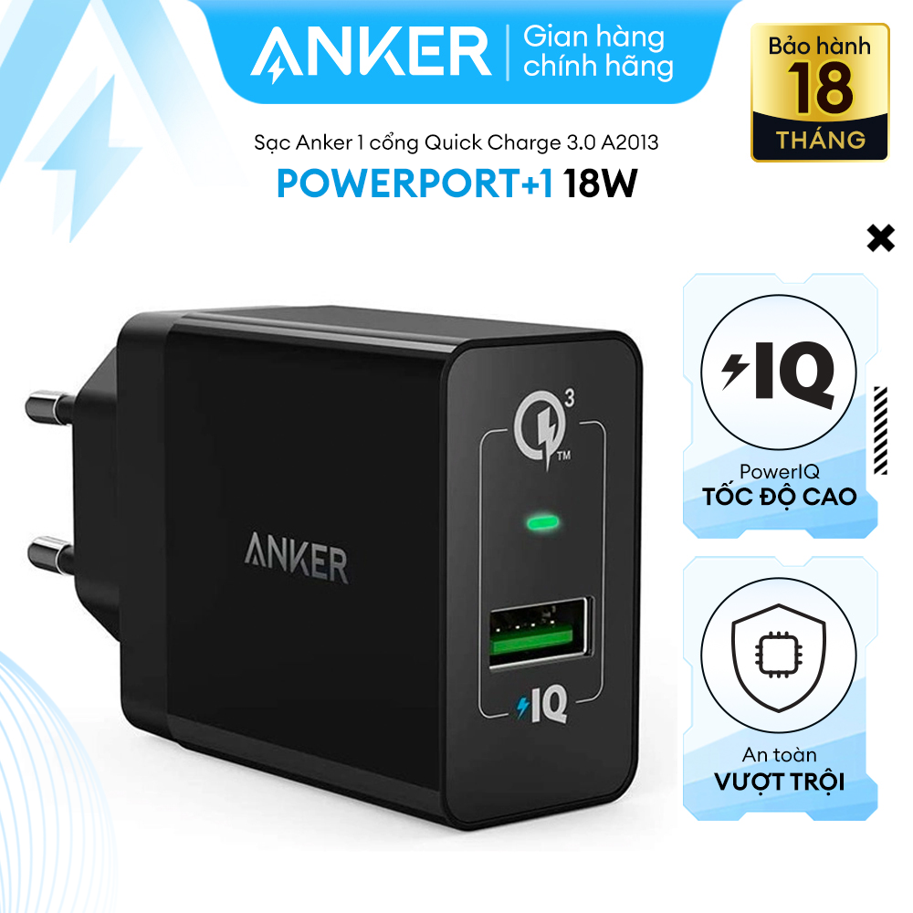 Adapter Sạc 1 Cổng Anker PowerPort+ 18W Tích Hợp PowerIQ Hỗ Trợ Sạc Nhanh QC 3.0 - A2013 - Hàng Chính Hãng