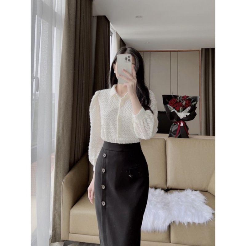 Chân Váy Bút Chì Xẻ Trước Đính Cúc dáng dài