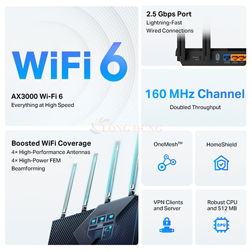 Router TP-Link Wifi 6 Dual-Band Muti-Gigabit with Two 2.5G Ports A3000 Router Archer AX55 Pro - Hàng chính hãng