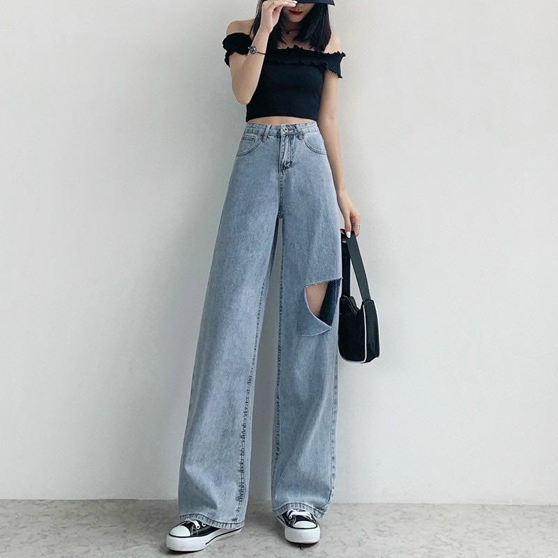 ( giá sỉ) Quần jean nữ ống rộng rách đùi màu xanh thời trang H.N.M STORE