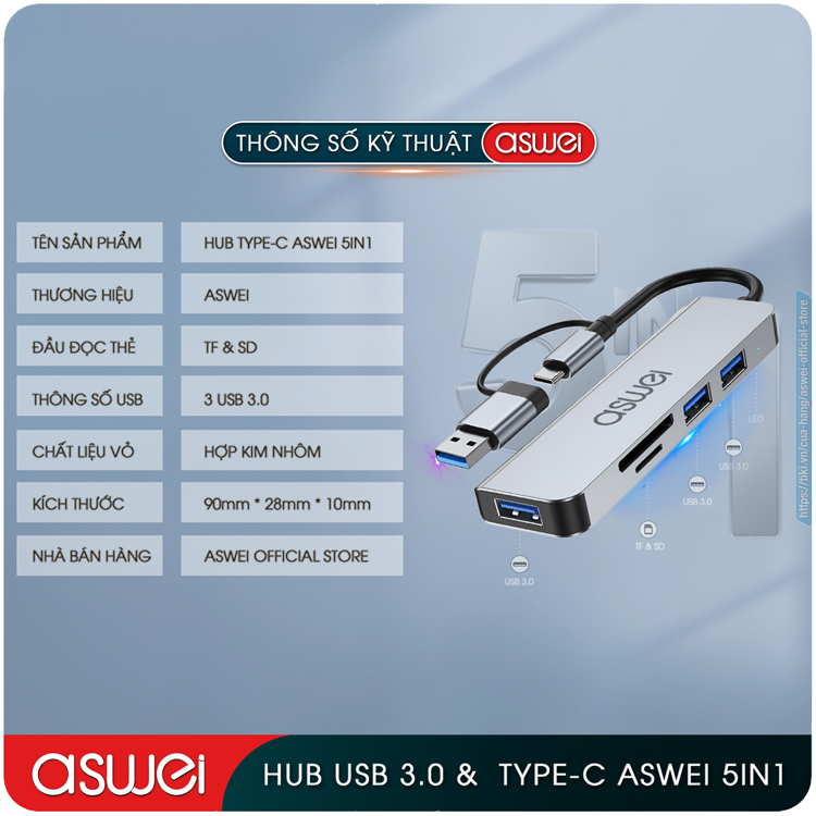 Hub Chuyển Đổi USB Type C ASWEI 5 in 1 To USB 3.0, SD, TF - Hàng Chính Hãng