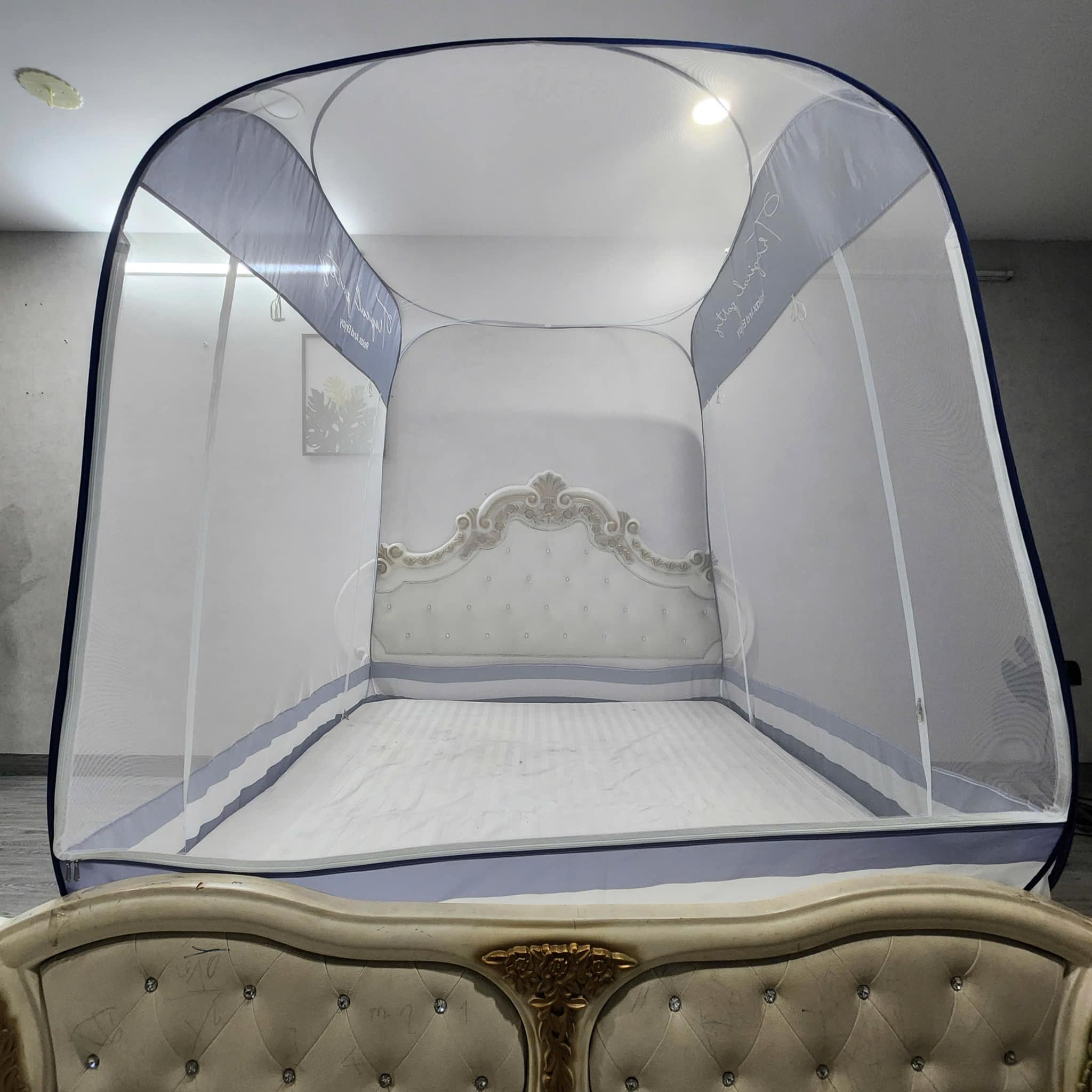 Màn Chụp , Mùng Chụp Cao Cấp Mộc Miên Đỉnh Vuông - Kích Thước 2,2mx2m ( Xanh Xám 3 Đường Kẻ )