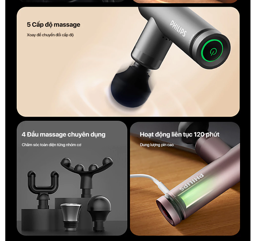 Máy Massage Cầm Tay Mini PHILIPS PPM7308 - Massage chuyên sâu - 4 Đầu massage chuyên dụng - Hàng chính hãng