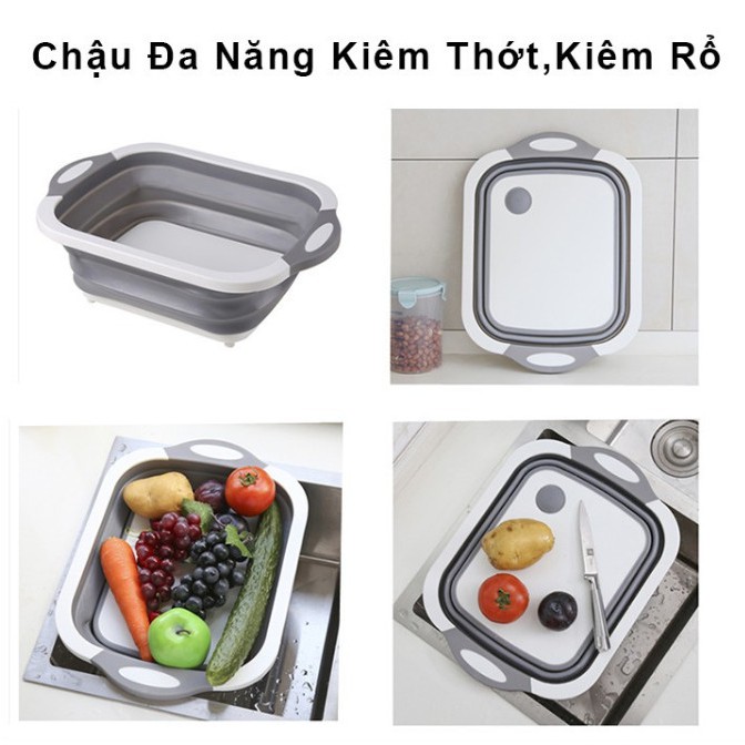 Thớt nhựa kiêm chậu gấp gọn đa năng - Thau kiêm thớt xếp gọn - Thớt nhựa 3in1 rổ đựng