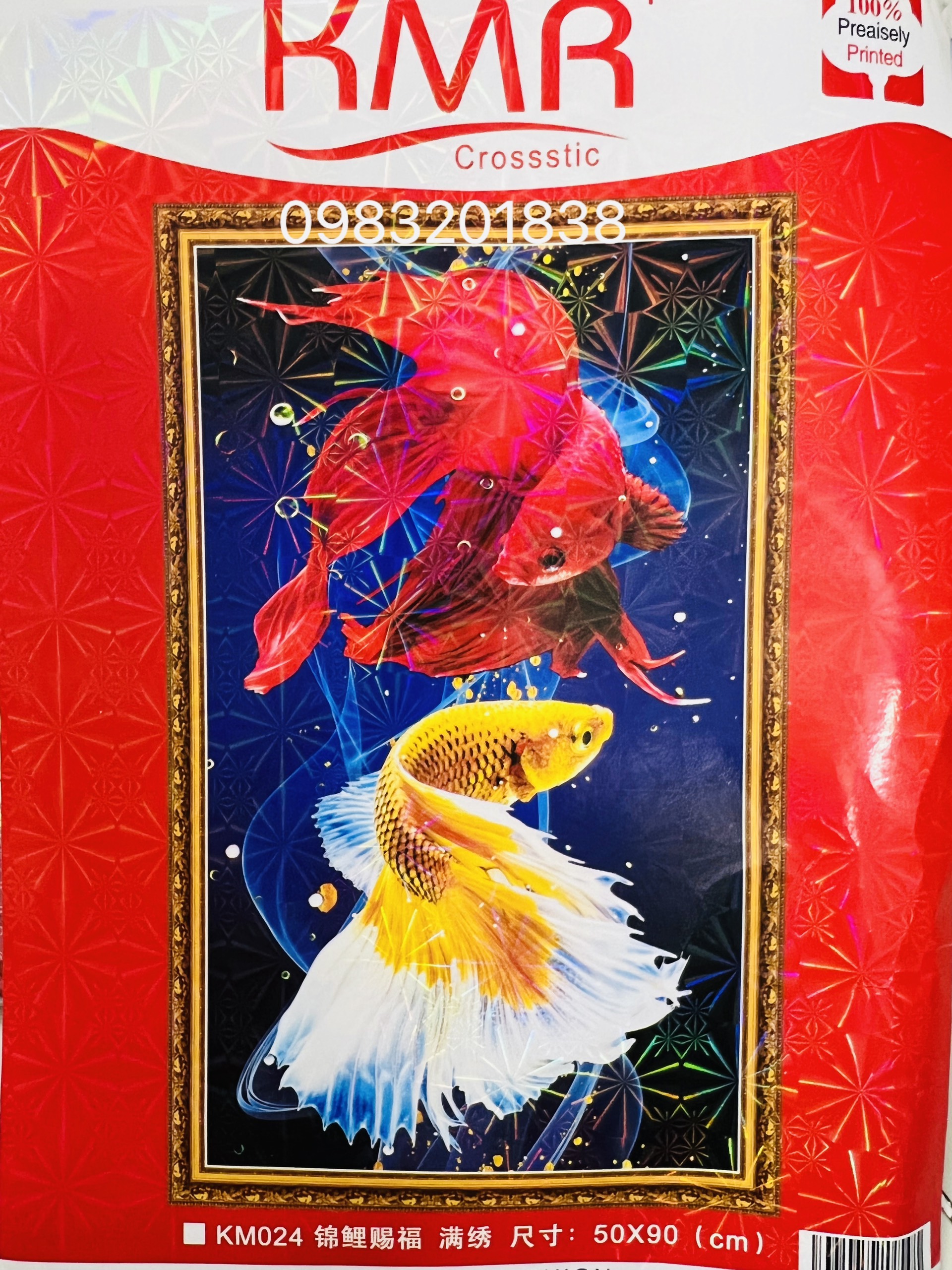 Tranh thêu chữ thập song ngư KM024, thêu kín, kích thước 50 x 90 cm