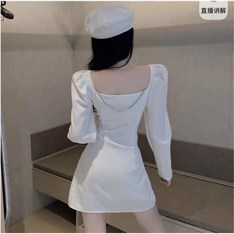 Đầm dáng chữ A nhún eo tay dài phối xích tháo rời