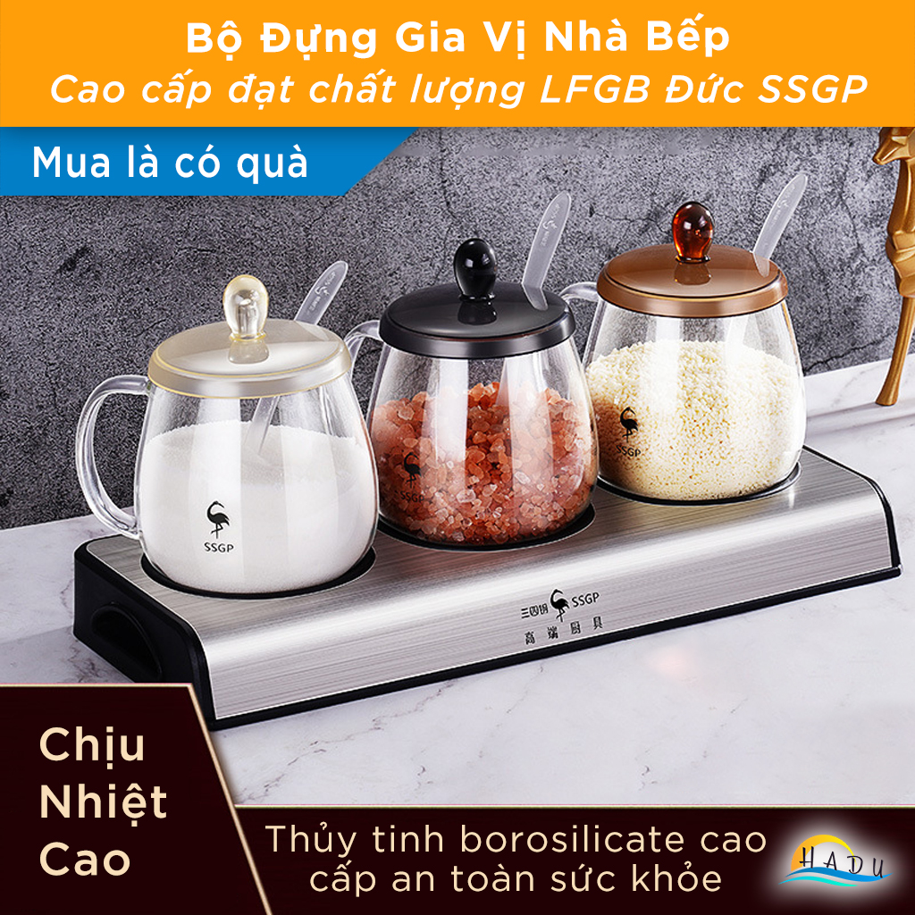 Bộ Hộp Hũ Đựng Gia Vị Thủy Tinh Nhà Bếp Thông Minh 3 Ngăn Cao Cấp Đạt Chất Lượng LFGB Đức SSGP