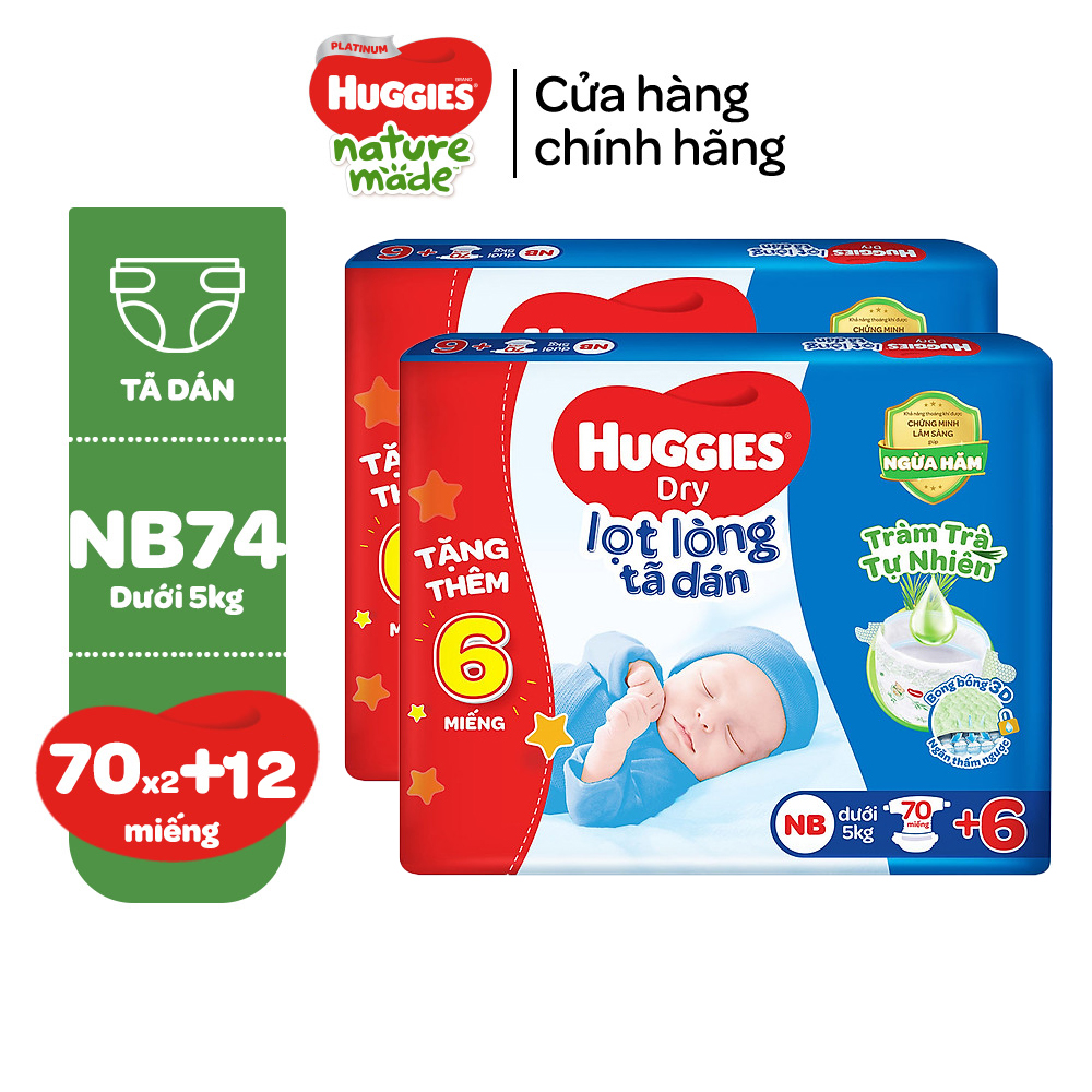 [Tặng thêm miếng] Combo 2 Tã dán sơ sinh Tràm Trà Tự Nhiên Huggies NB40/NB70/S54/S80