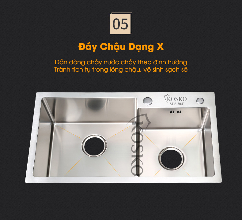 Bồn rửa chén inox 304 KOSKO, chậu rửa chén bát 82x45cm đúc lệch lắp được nhiều loại vòi nước rửa chén