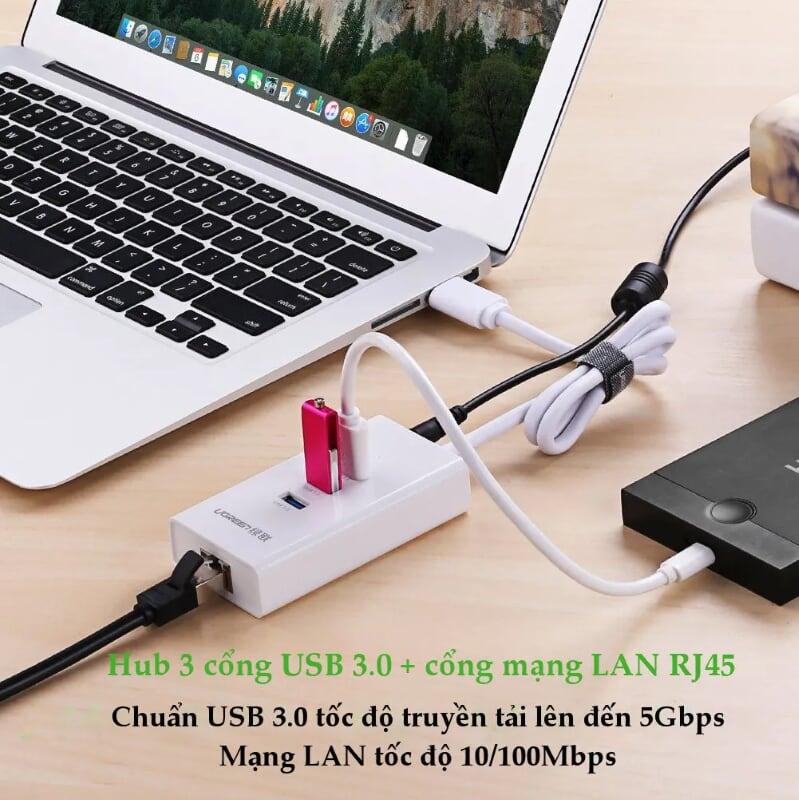 Ugreen UG20259CR102TK 50CM màu Trắng HUB chuyển đổi USB 2.0 sang 3 USB 2.0 + LAN tốc độ 100Mbps - HÀNG CHÍNH HÃNG