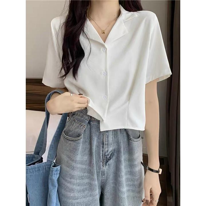 Áo croptop sơ mi trơn cổ vest