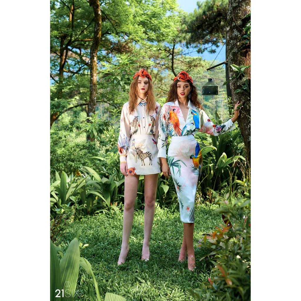 Chân váy lụa in họa tiết vẹt bodycon