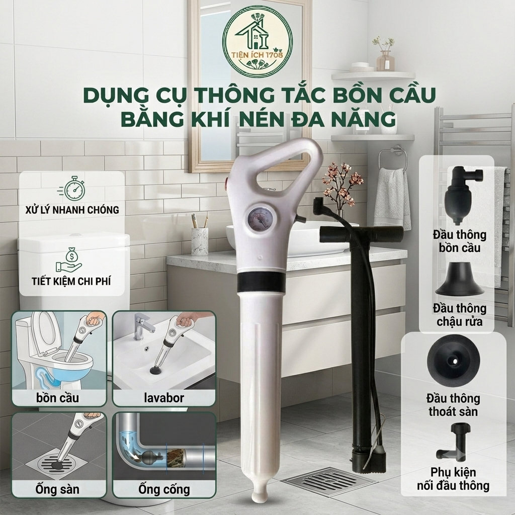 Dụng Cụ Thông Tắc Cống, Bồn Cầu Bằng Khí Nén Áp Lực Siêu Mạnh