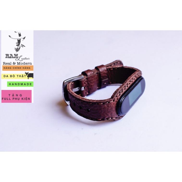 Dây miband da bò thật vân hạt handmade bền chắc cao cấp cho miband 3 , miband 4 , miband 5, miband 6 - RAM