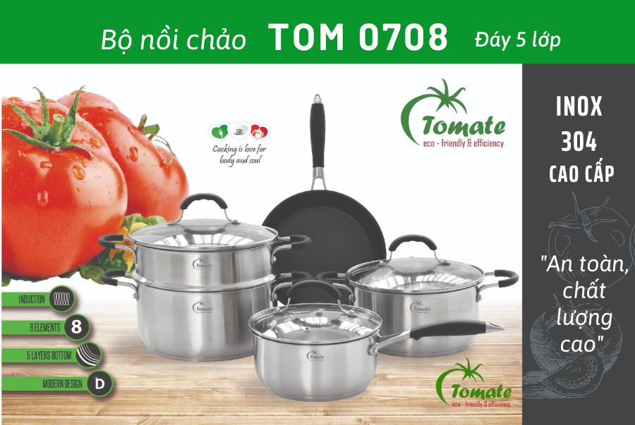 Bộ Nồi Chảo Tomate Inox 304 – 8 Món TOM 0708 - 5 lớp đáy - nồi từ - nắp kính
