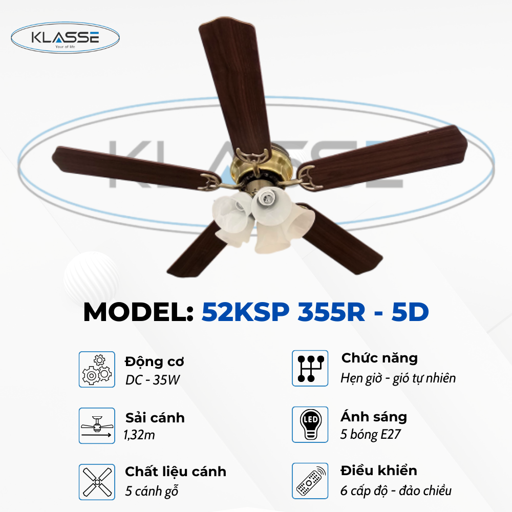 Quạt trần cánh gỗ chùm đèn Klasse 52KSP 355R – 5D Hàng chính hãng