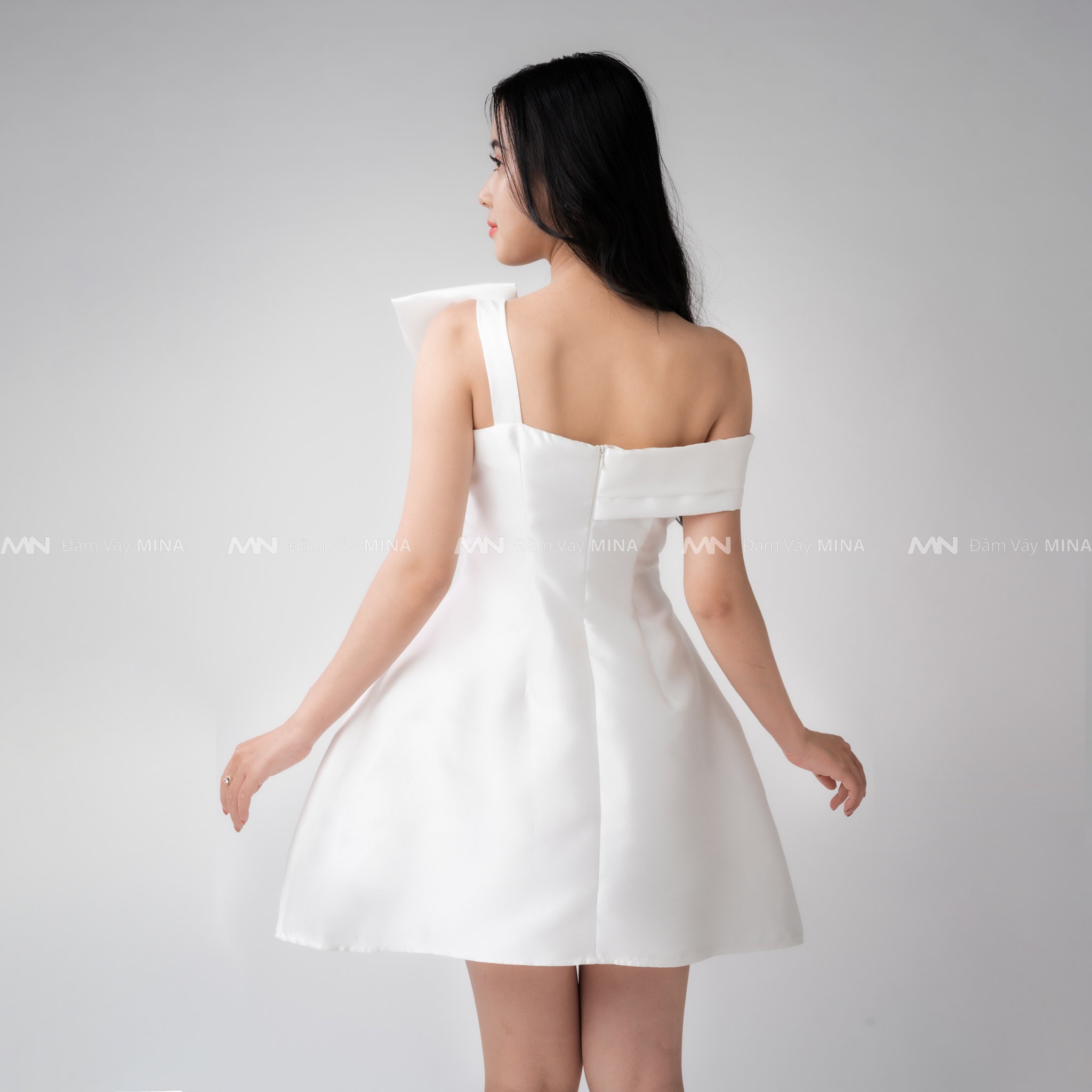 Đầm dự tiệc đầm sang trọng đầm dáng xoè Taffta nơ ngực chéo vai đi chơi dạo phố công sở - MN95 - Đầm Váy Mina