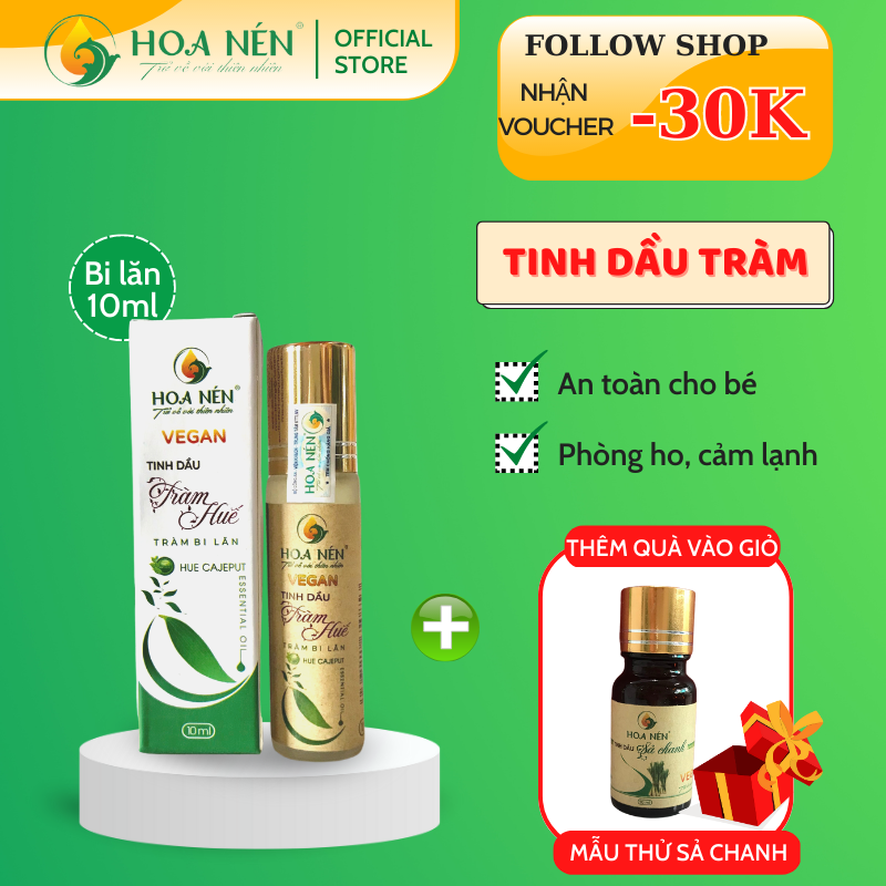 Tinh dầu Tràm Huế nguyên chất Hoa Nén - Chuẩn VietGAP - Chăm sóc sức khỏe mẹ và bé - dạng bi lăn 10ml