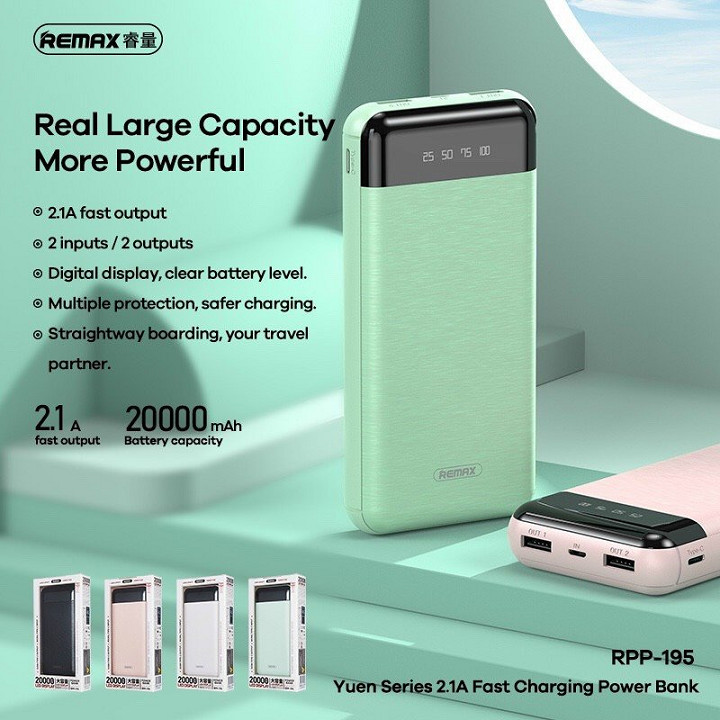 Pin sạc dự phòng Remax RPP-195 20000mAh 2 cổng USB tích hợp màn hình LED hiển thị dung lượng