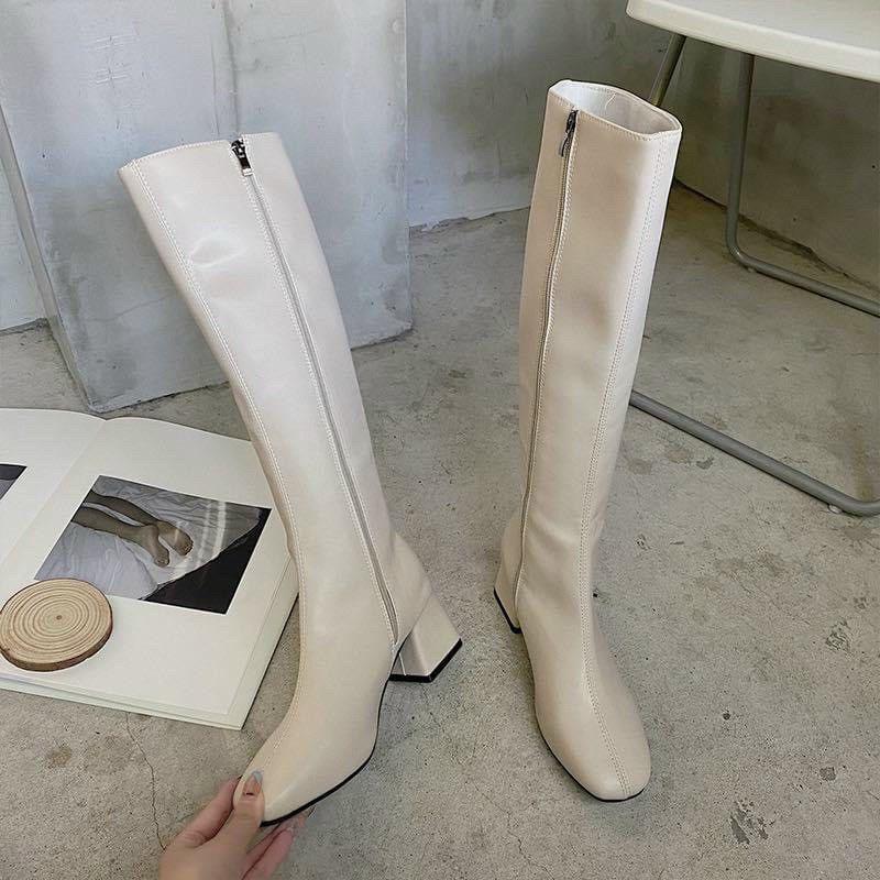Bốt dáng dài hàng đẹp da mịn gót trụ thấp khóa cạnh - 4P