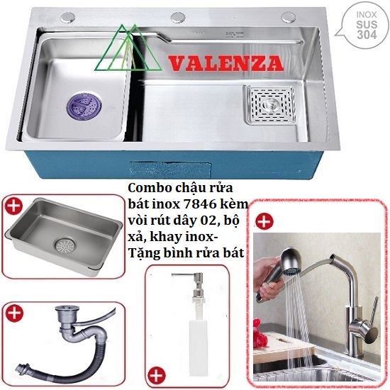 Combo chậu rửa chén bát 1 hố lớn Valenza size 7846 inox 304 kèm vòi rửa bát rút dây Valenza RT-02 inox 304, bộ xả to ngăn mùi, khay inox kín-TẶNG BÌNH NƯỚC RỬA CHÉN