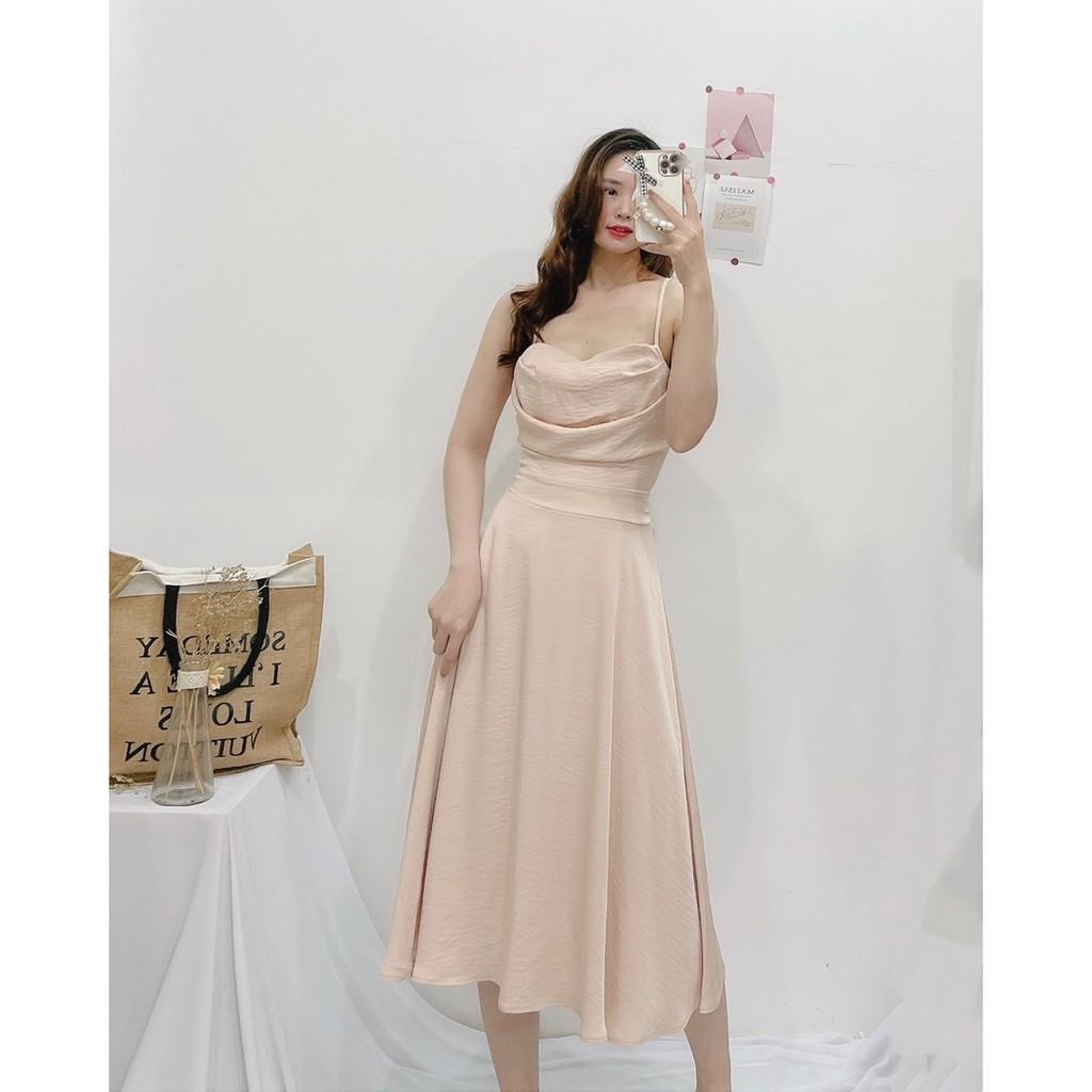 ĐẦM ĐEN LỤA DỰ TIỆC CỔ ĐỔ 2 DÂY-hình thật shop chụp