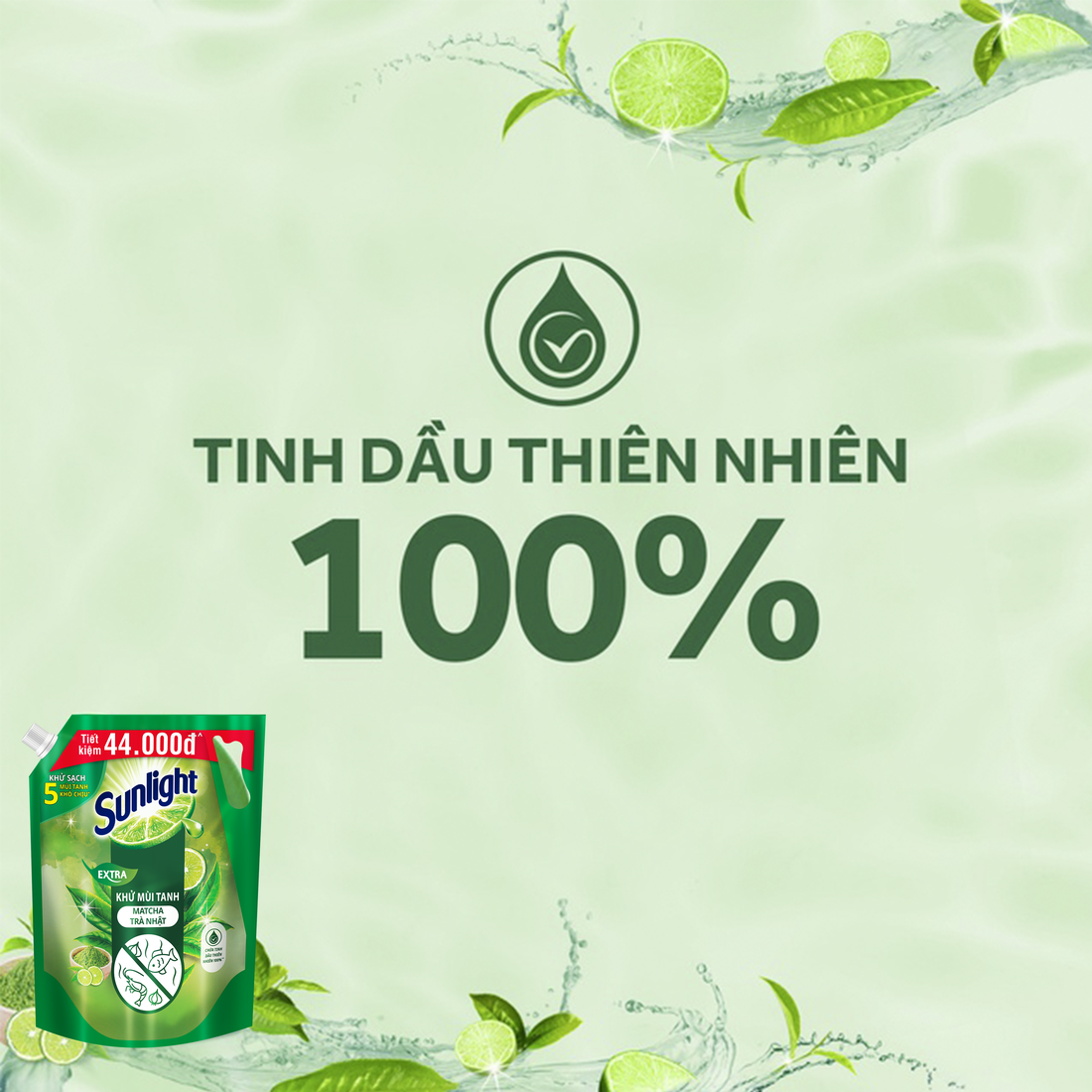 Nước rửa chén Sunlight Bio-care Thiên Nhiên 100% Gốc thực vật - Hương Matcha Trà Nhật Túi 3.4kg