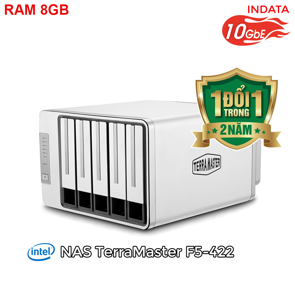 Bộ lưu trữ mạng NAS TerraMaster F5-422, LAN 10Gbps, Intel Quad-Core 1.5GHz, 8GB RAM, 670MB/s, 5 khay ổ cứng RAID 0,1,5,6,10,JBOD,Single - Hàng chính hãng
