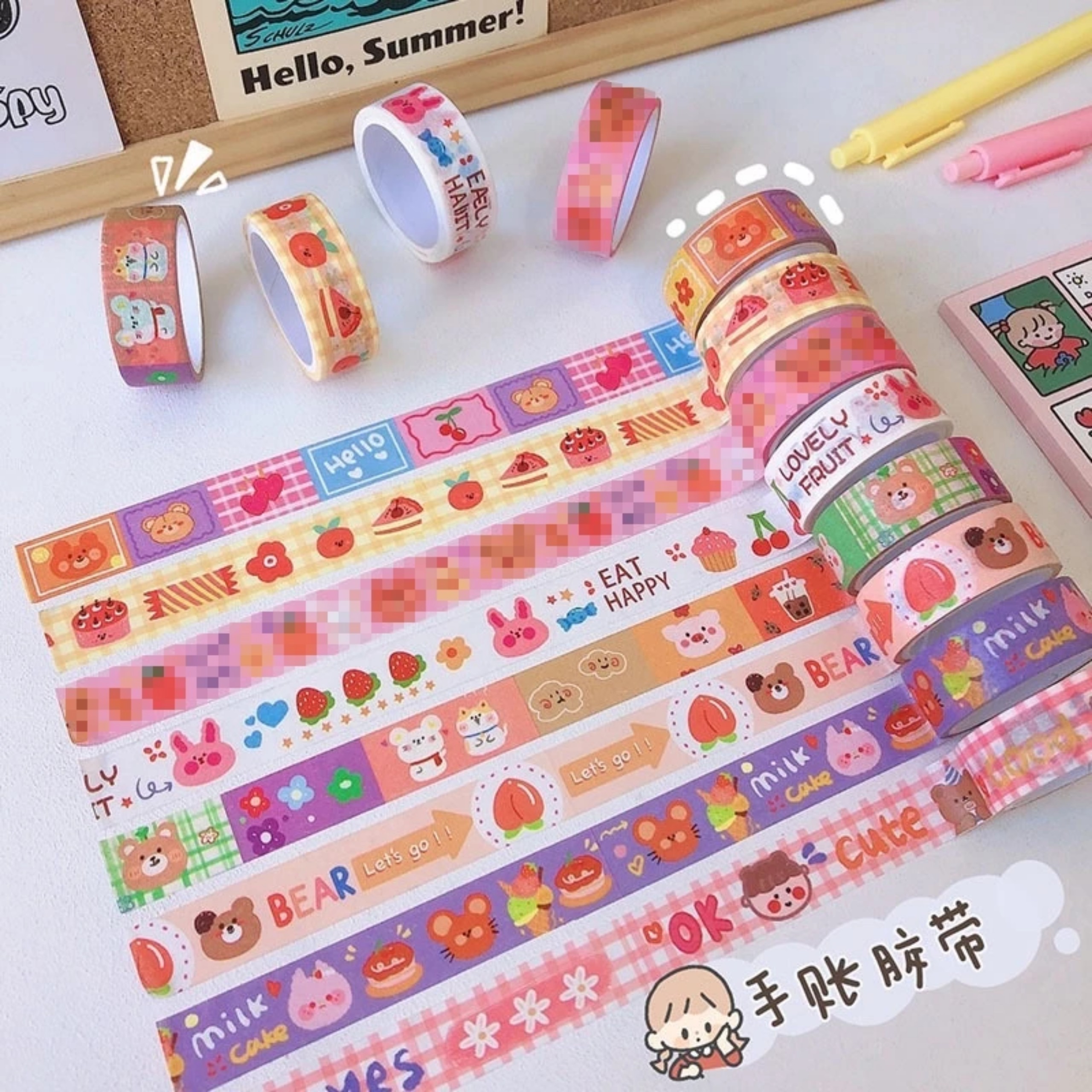 Lẻ 1 Cuộn băng dính washi tape dán trang trí họa tiết hoạt hình dễ thương, cuộn băng dán sticker nhiều hình cute