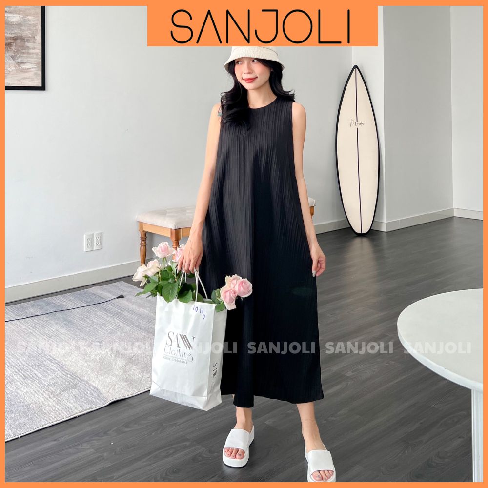 Đầm Đi Biển Dự Tiệc Nữ SANJOLI Váy Thiết Kế Maxi Kiểu Ba Lỗ Dáng Suông Dài Sọc Gân Phong Cách Hàn Quốc Đẹp Bigsize VD002