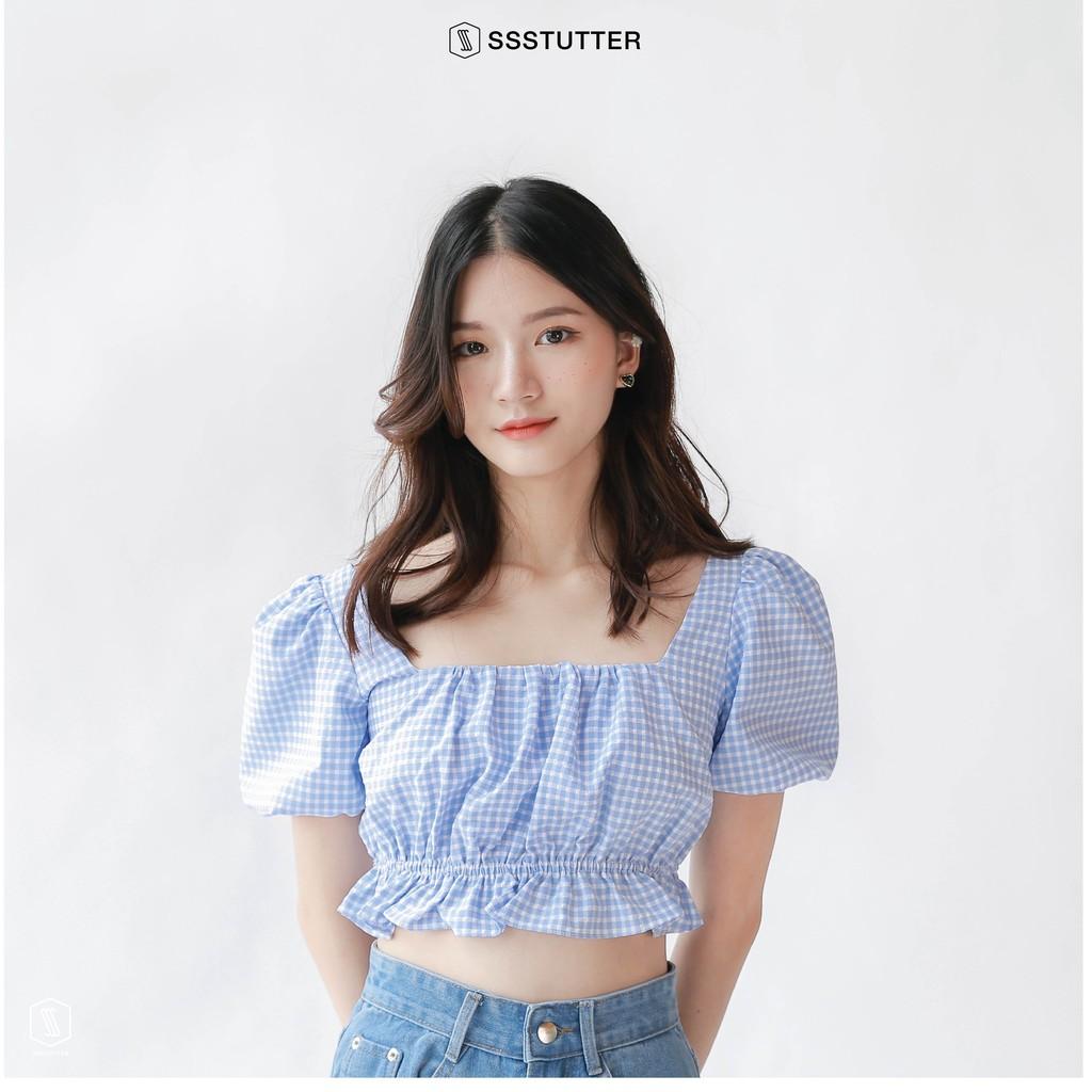 Áo crotop nữ SSSTUTTER kiểu tay bồng bèo nhún pin shirt