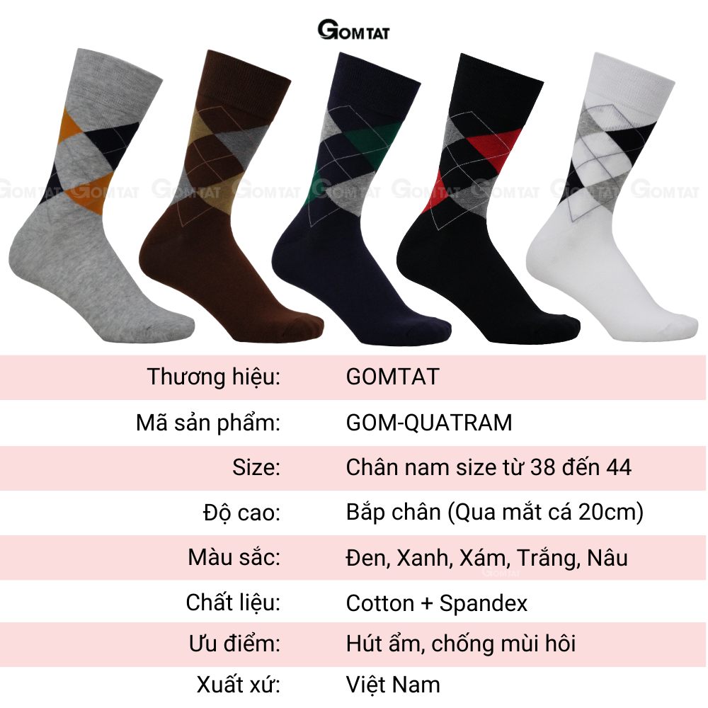 Tất vớ nam công sở đi giày tây cổ cao GOMTAT mẫu quả trám, chất liệu cotton cao cấp hút ẩm thoáng khí - GOM-QUATRAM-1DOI