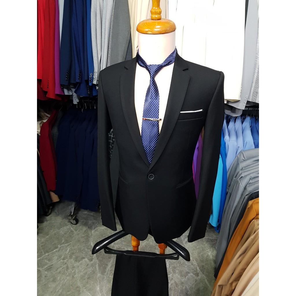 Bộ vest nam màu đen chất liệu vải nhập cao cấp dày mịn co giãn form ôm body + cà vạt kẹp nơ