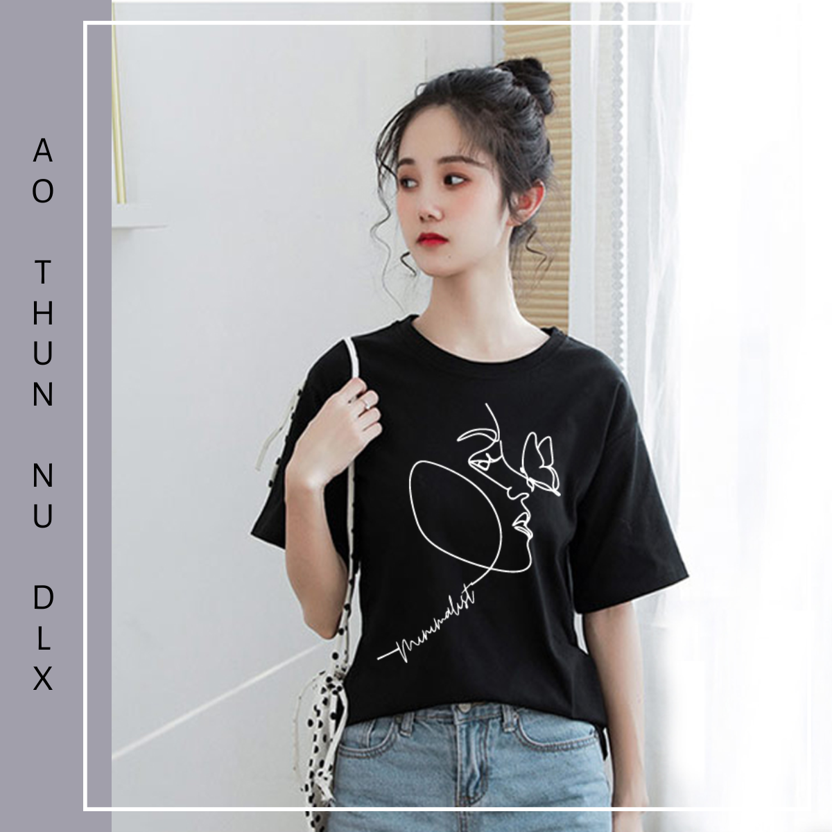 Áo Thun Nữ 100% Cotton Màu Đen In Hình Cô Gái Bươm Bướm Chữ Minimalist