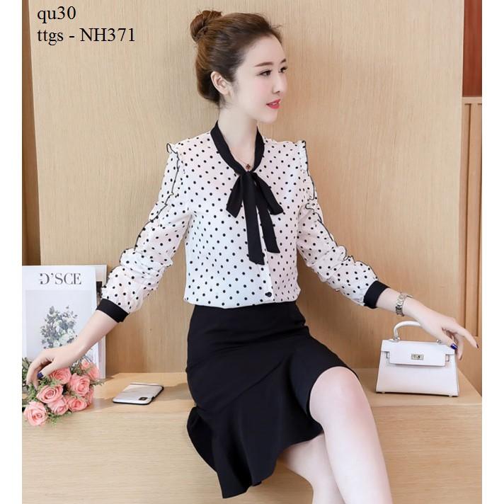 NH371 ÁO KIỂU CHẤM BI THẮT NƠ