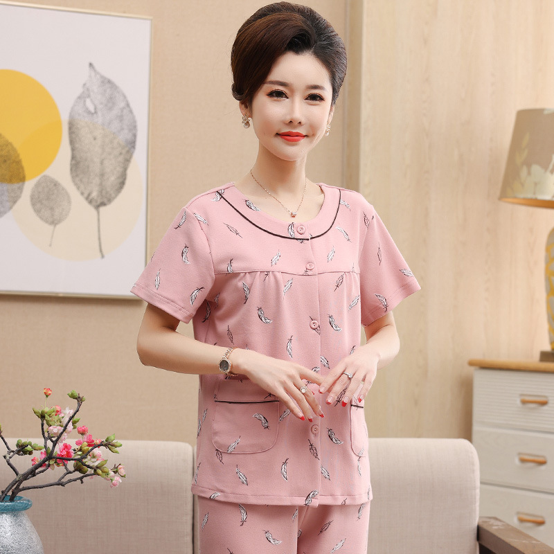 (HÀNG SẴN) Bộ Đồ Ngủ Ngắn Tay Quần Ống Rộng Bằng Cotton Cho Mẹ AB07 - Hàng Quảng Châu Cao Cấp