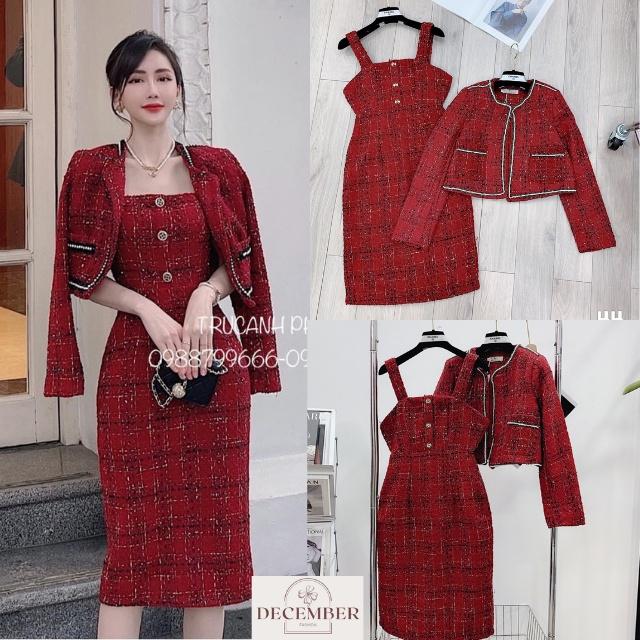 Set Dạ Tweed Ô Kim Tuyến, Set Váy Dạ 2 Dây Và Áo Choàng, Vải Chất Lượng Cao Cấp Y Hình - December Fashion