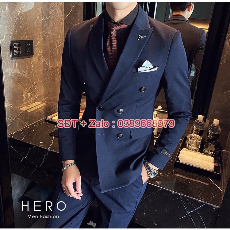 Bộ Vest Nam Cao Cấp 6 cúc Màu Xanh than, Bộ suit Nam 6 Cúc màu Tím than
