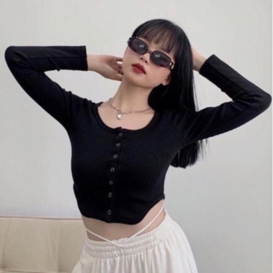 Áo croptop tay dài nút bấm khoét eo, áo crt ôm body khoe eo co giãn tốt