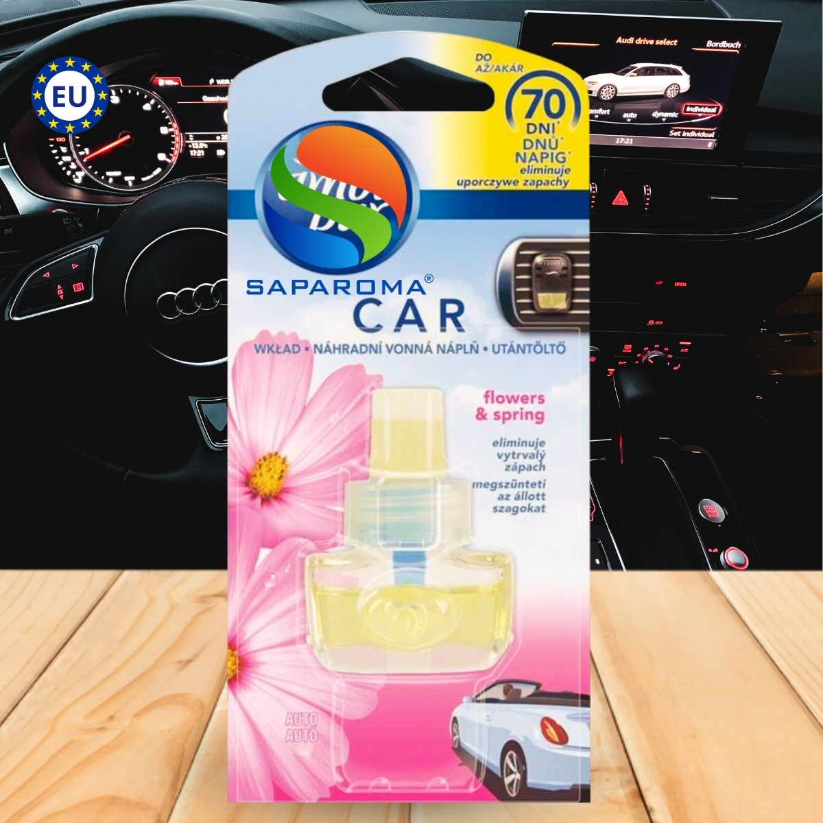 Lọ tinh dầu thơm ô tô Ambi Pur 7ml Flowers &amp; Spring - hoa mùa xuân, cài cửa gió, hỗ trợ khử mùi, nhập khẩu Châu Âu