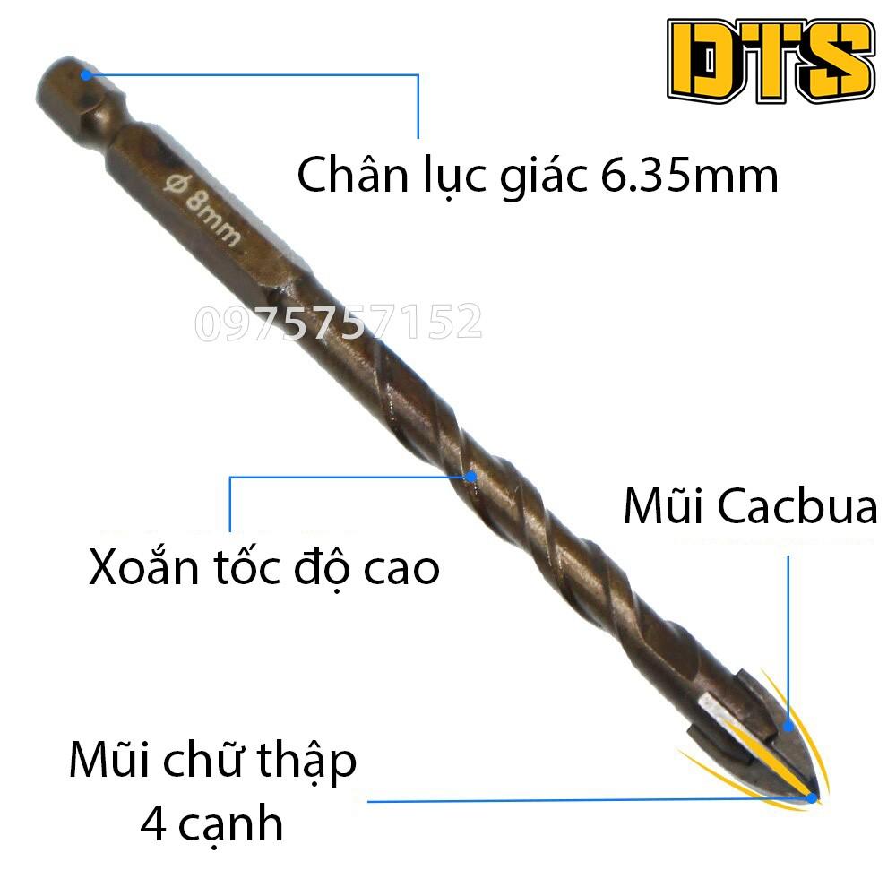 Mũi khoan đa năng 4 cạnh chân lục giác mũi thép hợp kim Cacbua, khoan kính, thủy tinh, gốm, gạch ốp lát, đá hoa cương