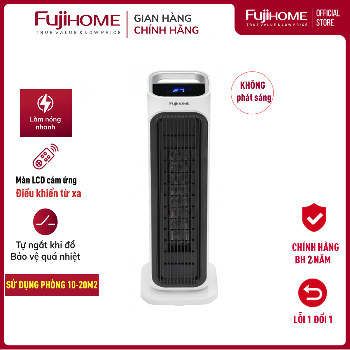 Máy sưởi gốm không khô da nhập khẩu điều khiển từ xa FUJIHOME FH3000M, Quạt sưởi gốm Ceramic tự ngắt tiết kiệm điện- Hàng chính hãng