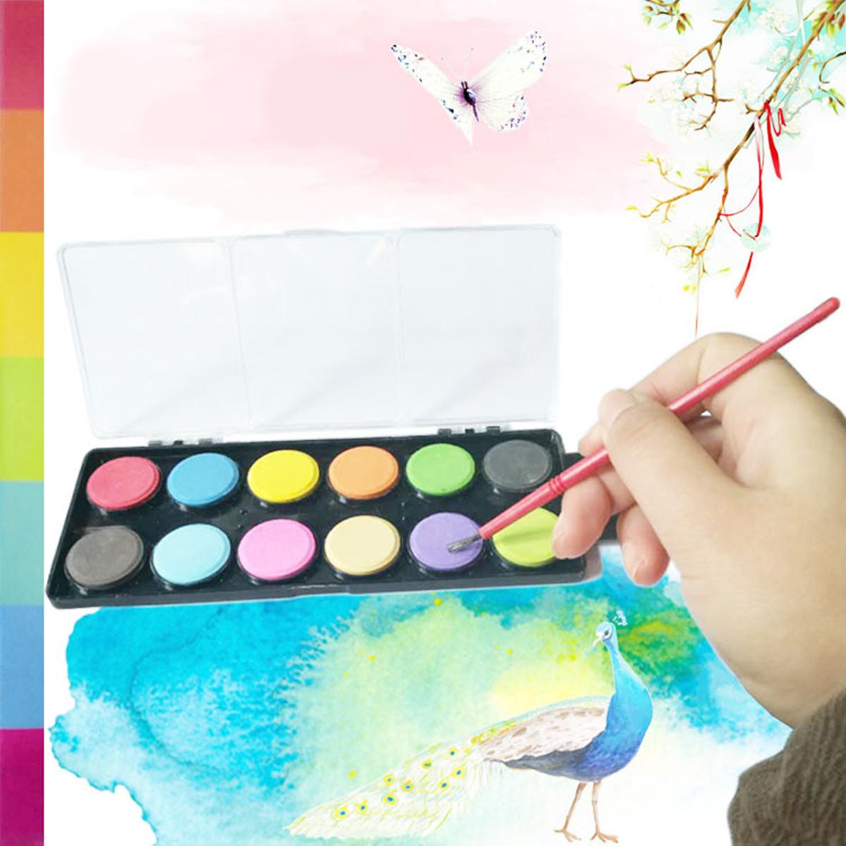 12 Colors Solid Watercolor Paint Pigment Portable Drawing Painting Set with a Paintbrush Art Supplies for Artists