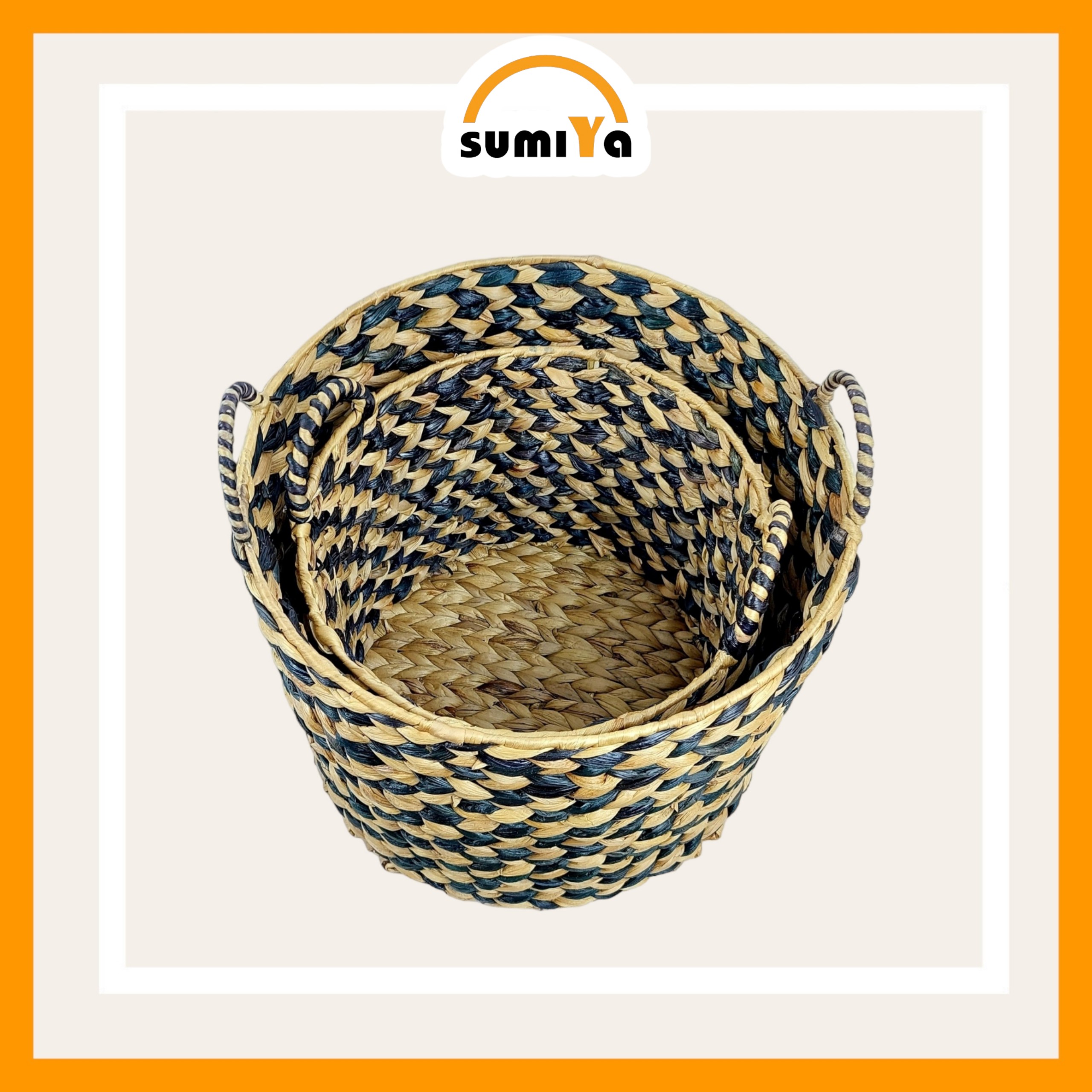 Giỏ lục bình tròn đan xương cá hoa văn đựng đồ dùng quần áo